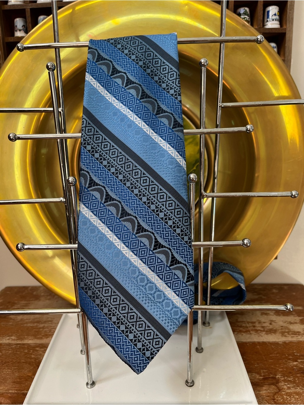 Vintage Koratron Blue Geometric Stripe Wide Tie | Made in Canada | 1970s